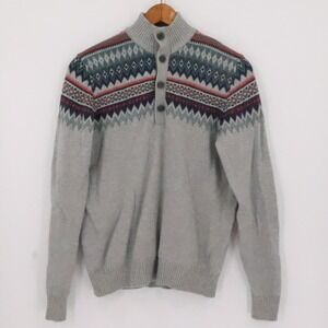 IZOD Fair Isle Henley Sweater Mens Size M Nordic Preppy Ski Vacation Gray Button